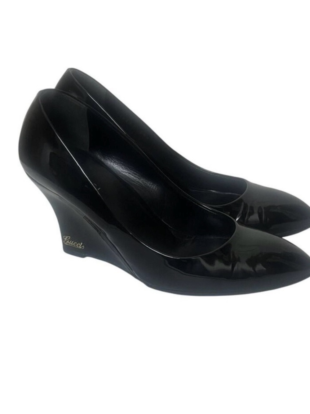 GUCCI Wedge Heel Pump Logo Shoes Black Patent Size 38.5 - 8.5